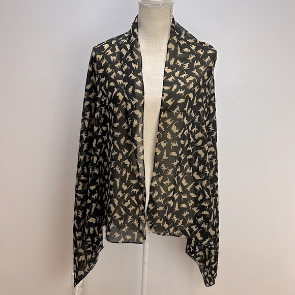 Oker All Over Cat Silhouette Print Shawl Scarf Black and Beige Lightweight Sheer - Picture 5 of 11